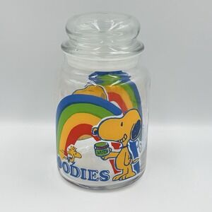 VTG Snoopy Woodstock Goodies Glass Cookie Jar Lid Rainbow Peanuts 1965 Retro